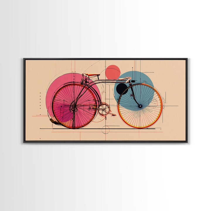 Retro Bicycle With Pink Blue Circles Canvas Print, Mid Century Modern Wall Art, Geometric Poster, Colorful Apartment Decor