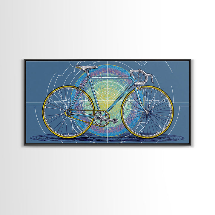 Touring Bicycle With Rainbow Circle Framed Canvas Print, Mid Century Modern Wall Art, Retro Cycling Poster, Blue Office Decor