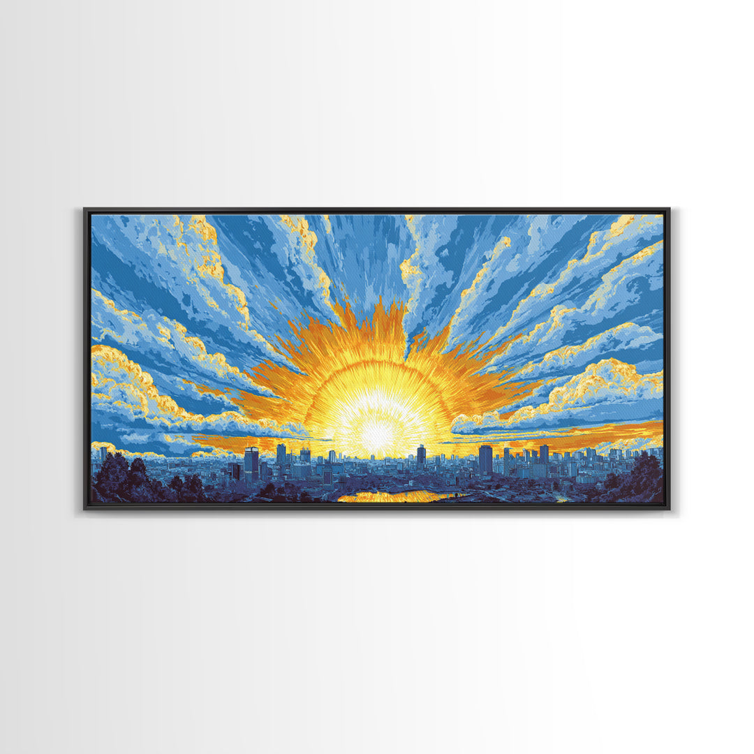Golden Sunrise City Skyline Wall Art, Blue Sky Urban Landscape Canvas Print, Modern Home Decor, Statement Living Room Art