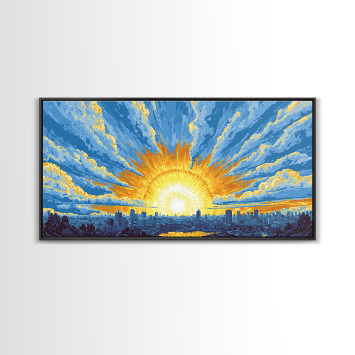 Golden Sunrise City Skyline Wall Art, Blue Sky Urban Landscape Canvas Print, Modern Home Decor, Statement Living Room Art
