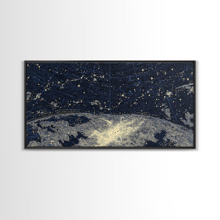Starry Night Sky Over Abstract Lake Wall Art, Modern Landscape Print, Blue Scenic Poster, Celestial Home Office Decor Gift