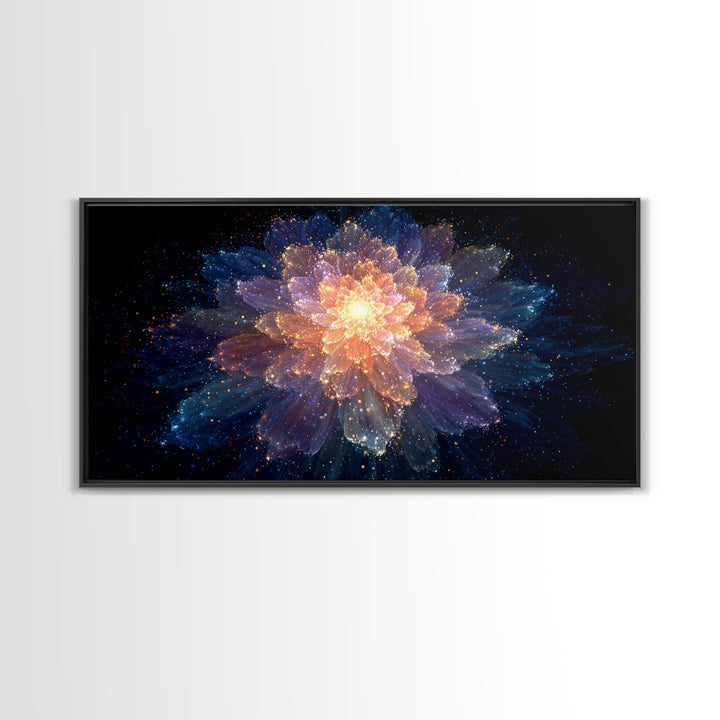 Glowing Cosmic Flower Canvas Print, Blue Orange Abstract Bloom, Spiritual Space Artwork, Modern Wall Art For Bedroom Decor