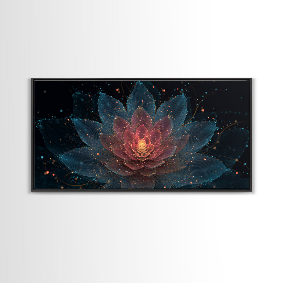 Teal Pink Lotus Canvas Print, Glowing Floral Mandala, Spiritual Abstract Art, Modern Wall Art, Yoga Decor For Meditation Room