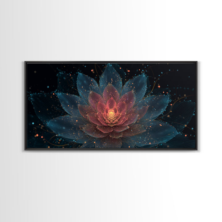 Teal Pink Lotus Canvas Print, Glowing Floral Mandala, Spiritual Abstract Art, Modern Wall Art, Yoga Decor For Meditation Room