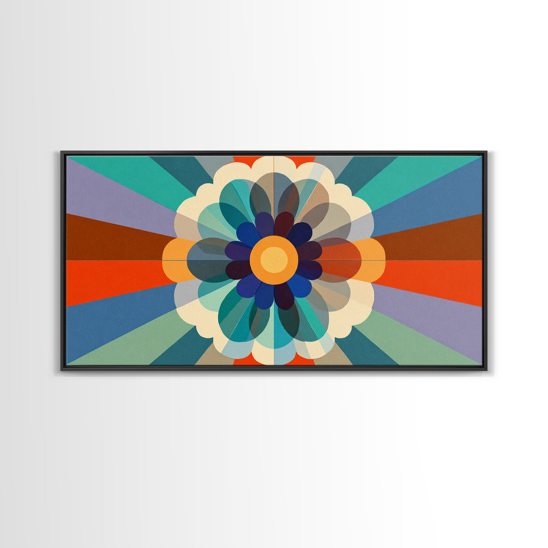 Retro Geometric Flower Wall Art, Colorful Mid Century Modern Radial Bloom, Bauhaus Poster, Bold Abstract Home Decor Print