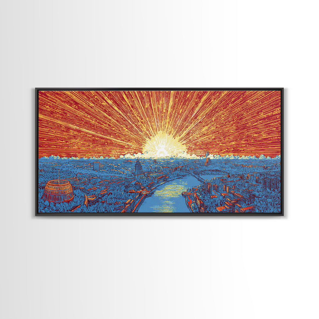 Orange Harbor Sunset Cityscape Wall Art, Blue Water Skyline Print, Retro Travel Poster, Modern Office Decor Canvas Print