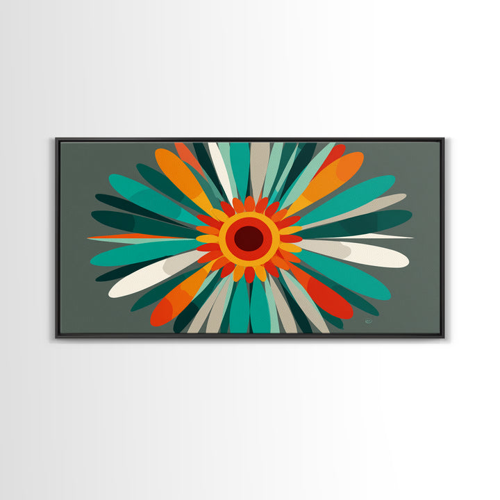 Teal Orange Atomic Flower Wall Art, Mid Century Modern Abstract Burst, Retro Geometric Poster, MCM Home Decor Canvas Print