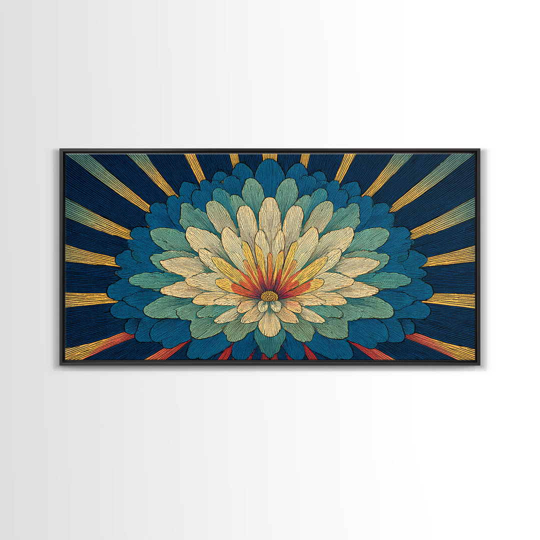 Teal Cream Radiant Flower Wall Art, Midcentury Modern Art Print, Art Deco Floral Decor, Retro Botanical Living Room Decor