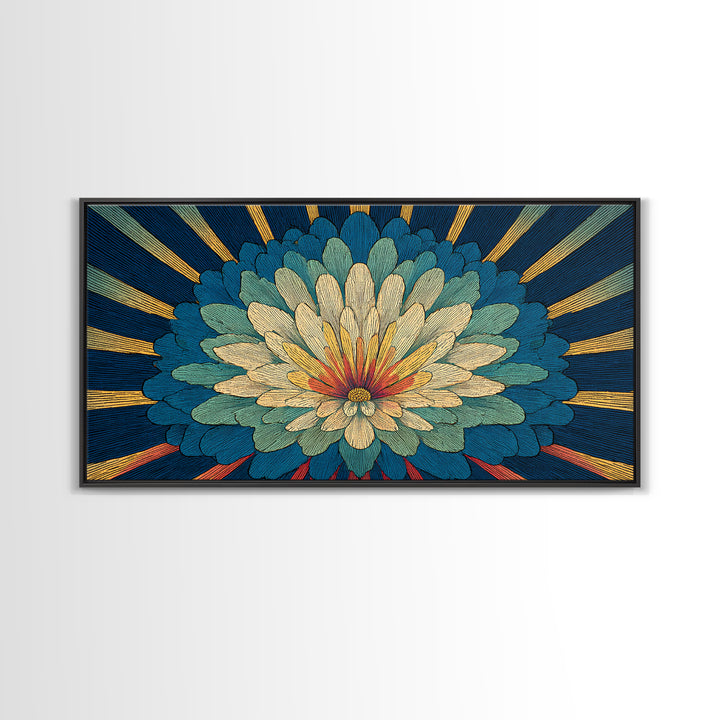 Teal Cream Radiant Flower Wall Art, Midcentury Modern Art Print, Art Deco Floral Decor, Retro Botanical Living Room Decor