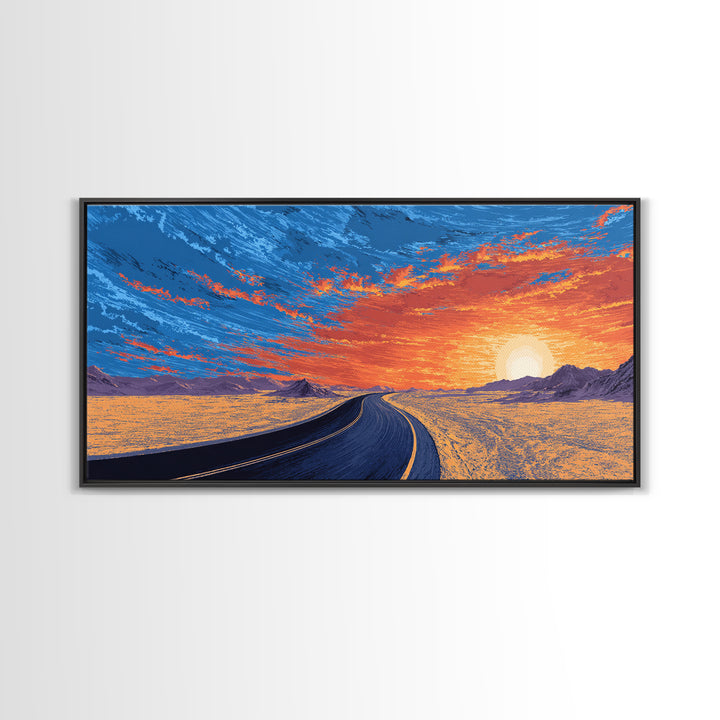 Sunset Highway Desert Wall Art, Midcentury Modern Landscape Print, Retro Travel Poster, Orange Blue Living Room Decor For Home