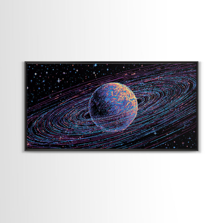 Ringed Planet Space Wall Art, Retro Sci Fi Canvas Print, Cosmic Abstract Art, Modern Digital Art Poster For Bedroom Decor