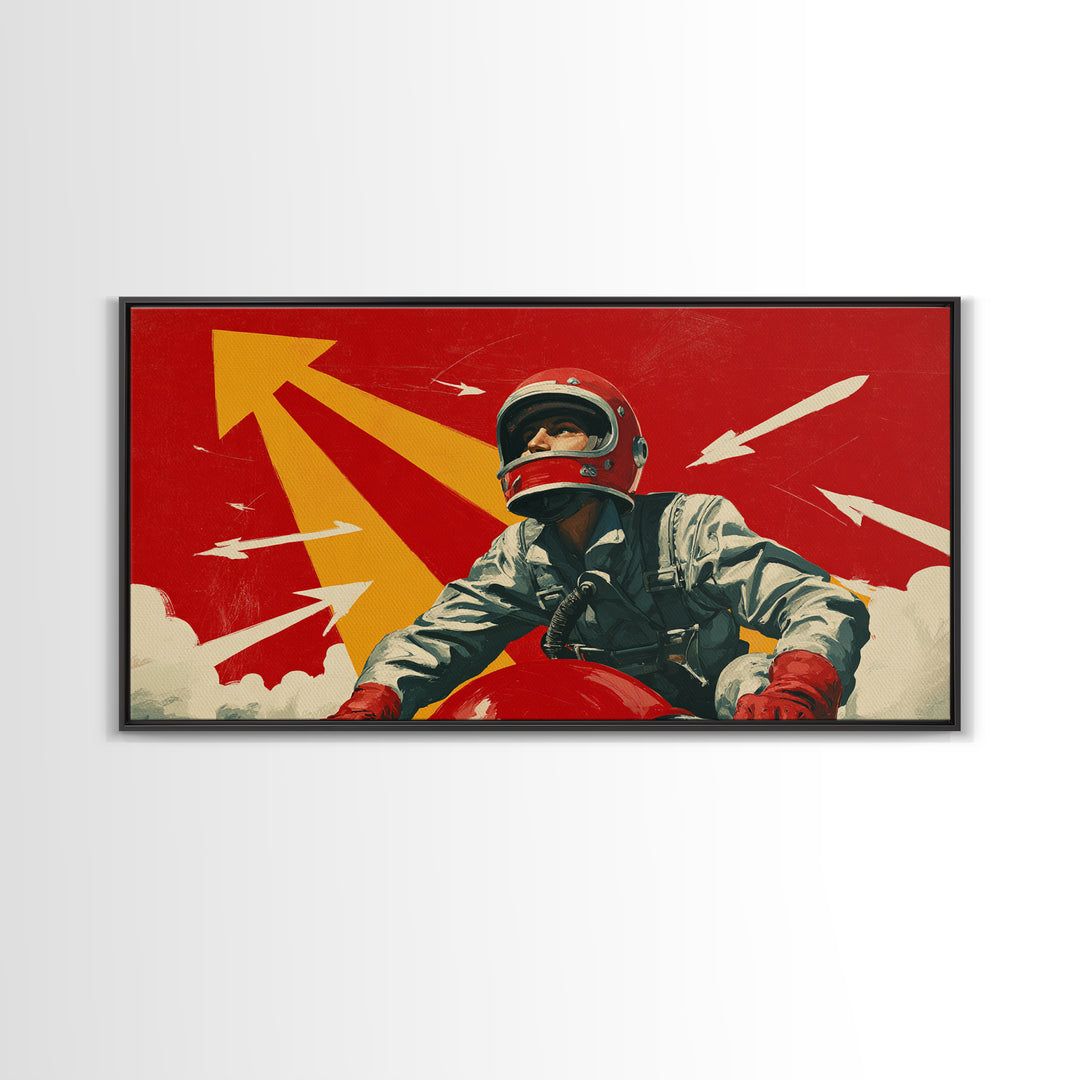 Retro Space Racer Canvas Print, Helmeted Pilot With Arrows Poster, Midcentury Modern Wall Decor, Bold Red Adventure Art Print