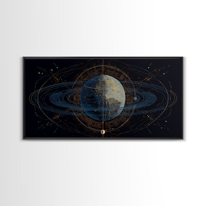 Celestial Planet Orbit Framed Canvas Print, Midcentury Modern Wall Art, Space Abstract Poster, Cosmic Retro Home Office Decor