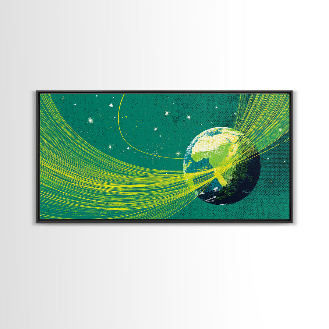 Green Earth Orbit Lines Canvas Print, Retro Space Abstract Wall Decor, Mid Century Modern Art, Cosmic Planet Living Room Decor