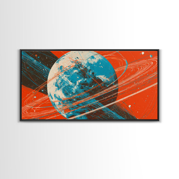 Orange Ringed Planet Canvas Print, Bold Retro Space Wall Art, Mid Century Modern Abstract Poster, Teal Blue Sci Fi Decor