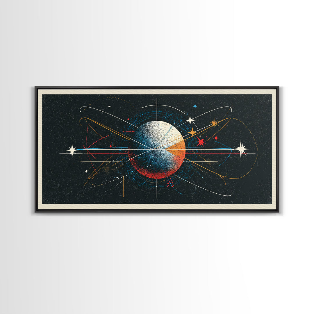 Atomic Orbit Sphere Wall Art, Mid Century Modern Abstract Space Poster, Geometric Planet Lines, Retro MCM Living Room Decor