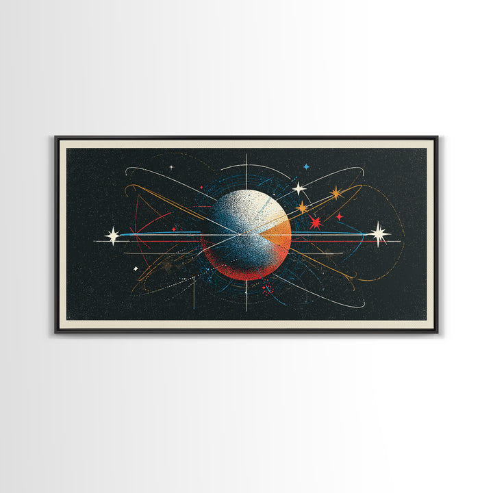 Atomic Orbit Sphere Wall Art, Mid Century Modern Abstract Space Poster, Geometric Planet Lines, Retro MCM Living Room Decor