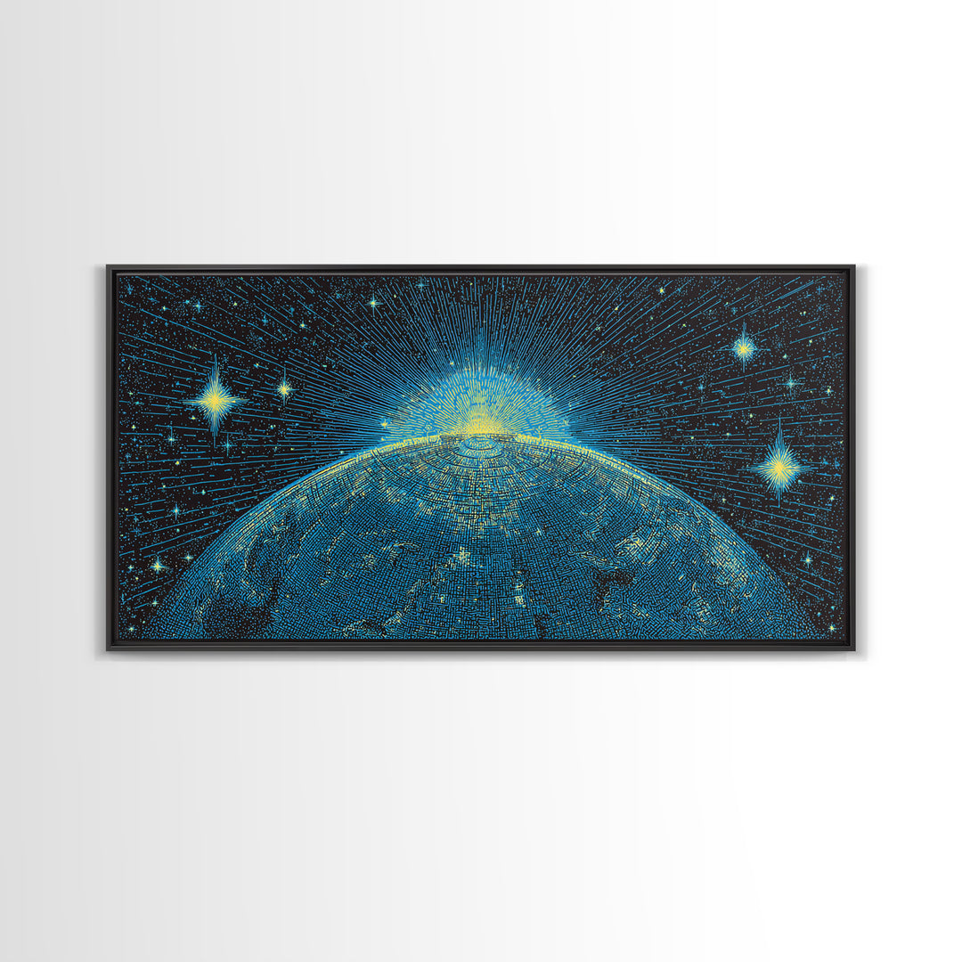 Blue Planet Horizon Canvas Print, Starburst Space Wall Art, Mid Century Modern Abstract Decor, Cosmic Sunrise Statement Poster