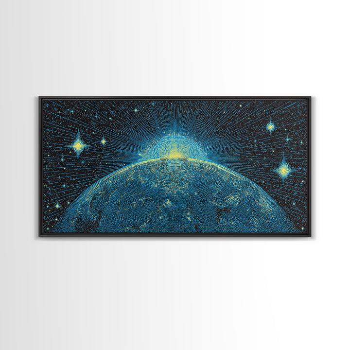 Blue Planet Horizon Canvas Print, Starburst Space Wall Art, Mid Century Modern Abstract Decor, Cosmic Sunrise Statement Poster