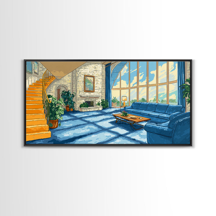 Sunlit Blue Sofa Loft Framed Canvas Print, Modern Wall Art, Airy Living Room Decor, Architectural Interior Poster, Home Office