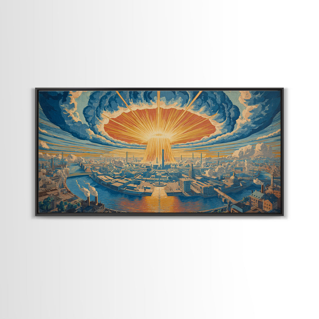 Radiant Futuristic City Sunrise Wall Art, Retro Sci Fi Skyline, Mid Century Modern Decor, Blue Orange Large Canvas Print