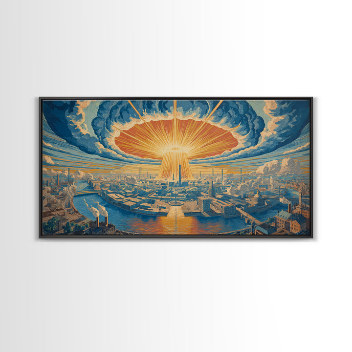 Radiant Futuristic City Sunrise Wall Art, Retro Sci Fi Skyline, Mid Century Modern Decor, Blue Orange Large Canvas Print