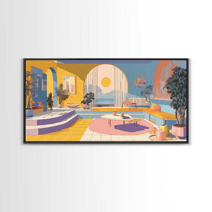 Pastel Ocean Sunroom Canvas Print, Colorful Modern Wall Art, Arch Window Coastal Decor, Retro Palm Springs Living Room Poster