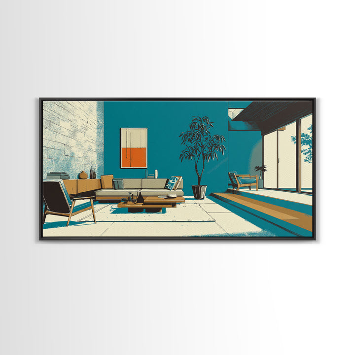 Teal Mid Century Living Room Wall Art, Midcentury Modern Decor, MCM Artwork, Retro Interior Print, Large Canvas Poster Home Decor
