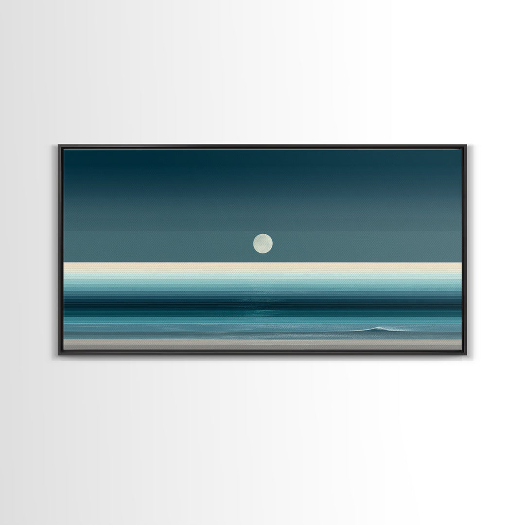Minimal Moon Over Teal Ocean Canvas Print, Coastal Night Seascape, Modern Wall Art, Blue Horizontal Landscape Decor, Bedroom Art Prints