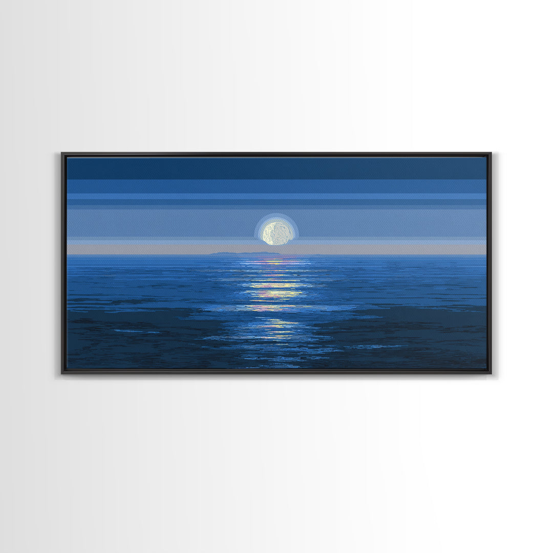 Blue Full Moon Ocean Framed Canvas Print, Coastal Seascape Wall Art, Modern Home Decor, Peaceful Bedroom Art Prints, Large Wall Decor