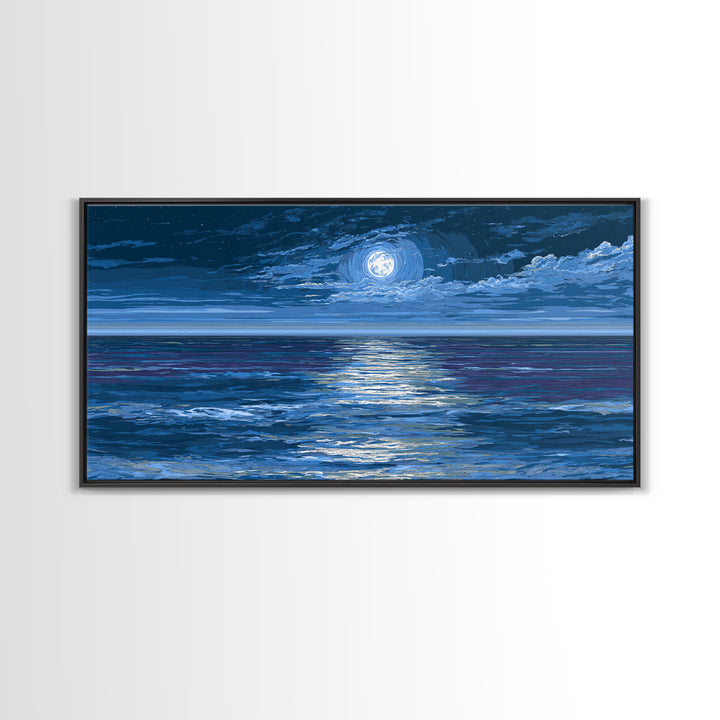 Starry Moonlit Ocean Framed Canvas Print, Dramatic Blue Seascape Wall Art, Coastal Night Decor, Modern Bedroom Art Prints