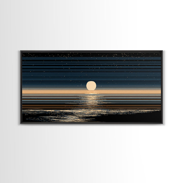 Golden Moon Horizon Ocean Canvas Print, Starry Night Seascape Wall Art, Modern Coastal Decor, Blue Black Bedroom Art Prints