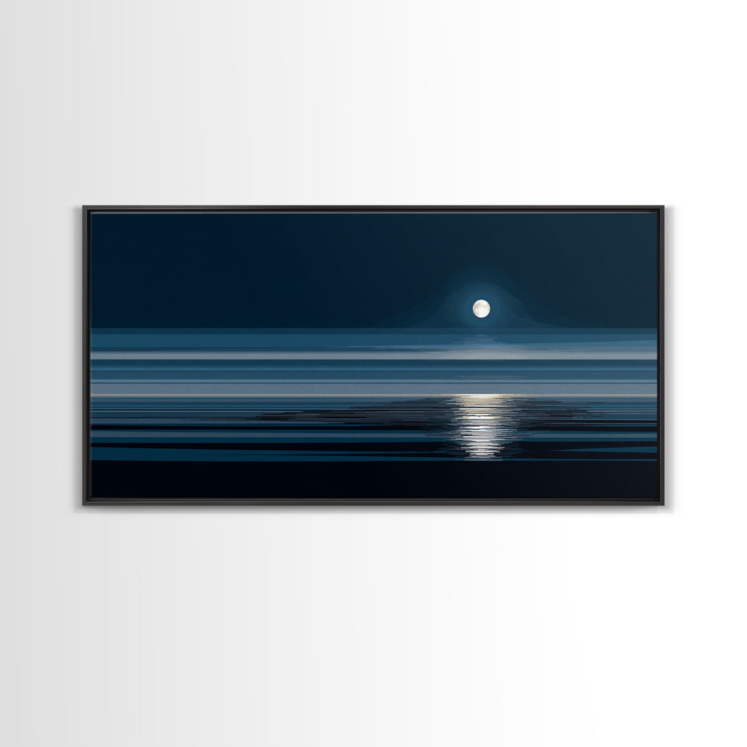 Quiet Moon Over Dark Ocean Canvas Print, Minimal Blue Seascape Wall Art, Modern Coastal Decor, Peaceful Bedroom Art Prints