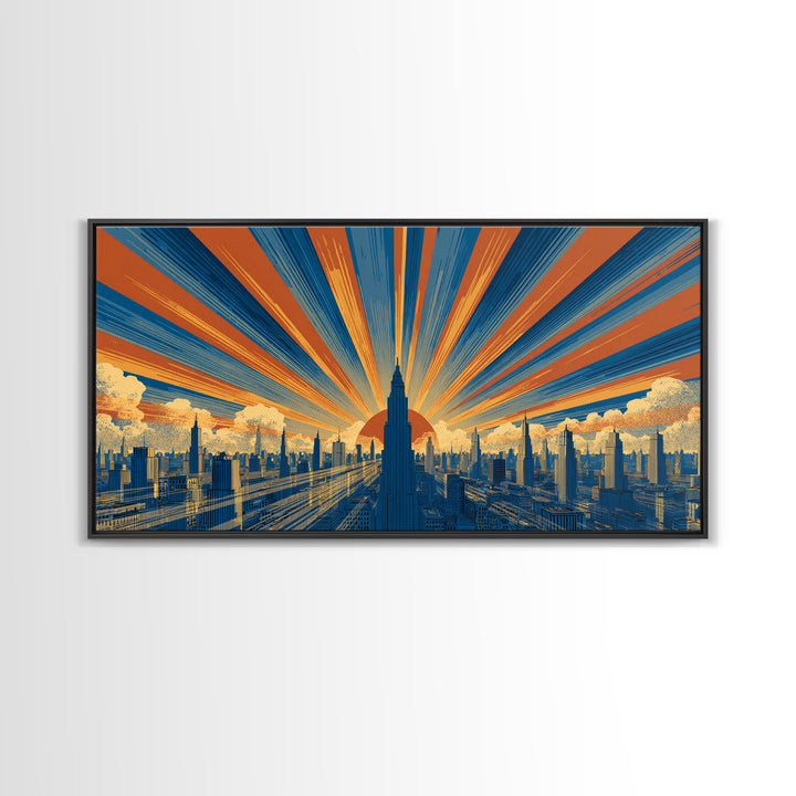 Art Deco Futuristic Skyline Framed Canvas Print, Retro Sci Fi Cityscape, Mid Century Modern Wall Decor, Blue Orange Poster