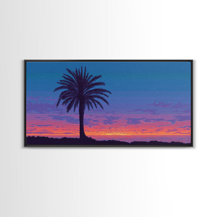 Starry Twilight Palm Tree Wall Art, Purple Blue Tropical Sunset, Retro California Poster, Modern Home Decor Canvas Print