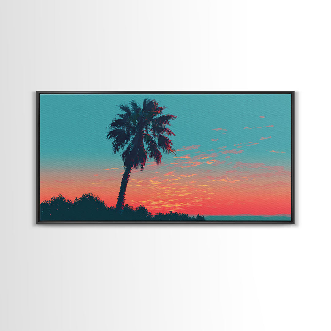 Leaning Palm Coral Sunset Canvas Print, Retro Tropical Landscape, Midcentury Wall Art, Palm Springs Decor, Coastal Poster Print