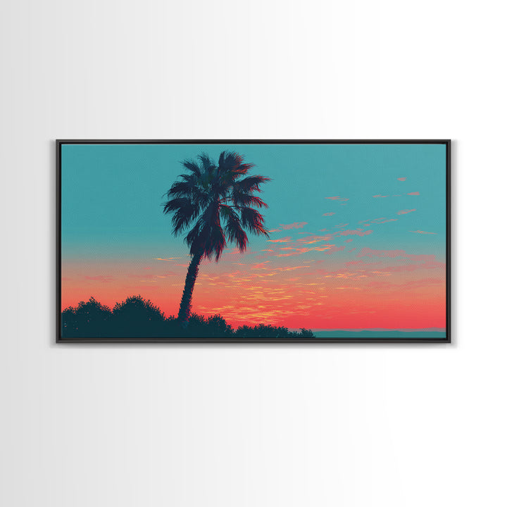 Leaning Palm Coral Sunset Canvas Print, Retro Tropical Landscape, Midcentury Wall Art, Palm Springs Decor, Coastal Poster Print