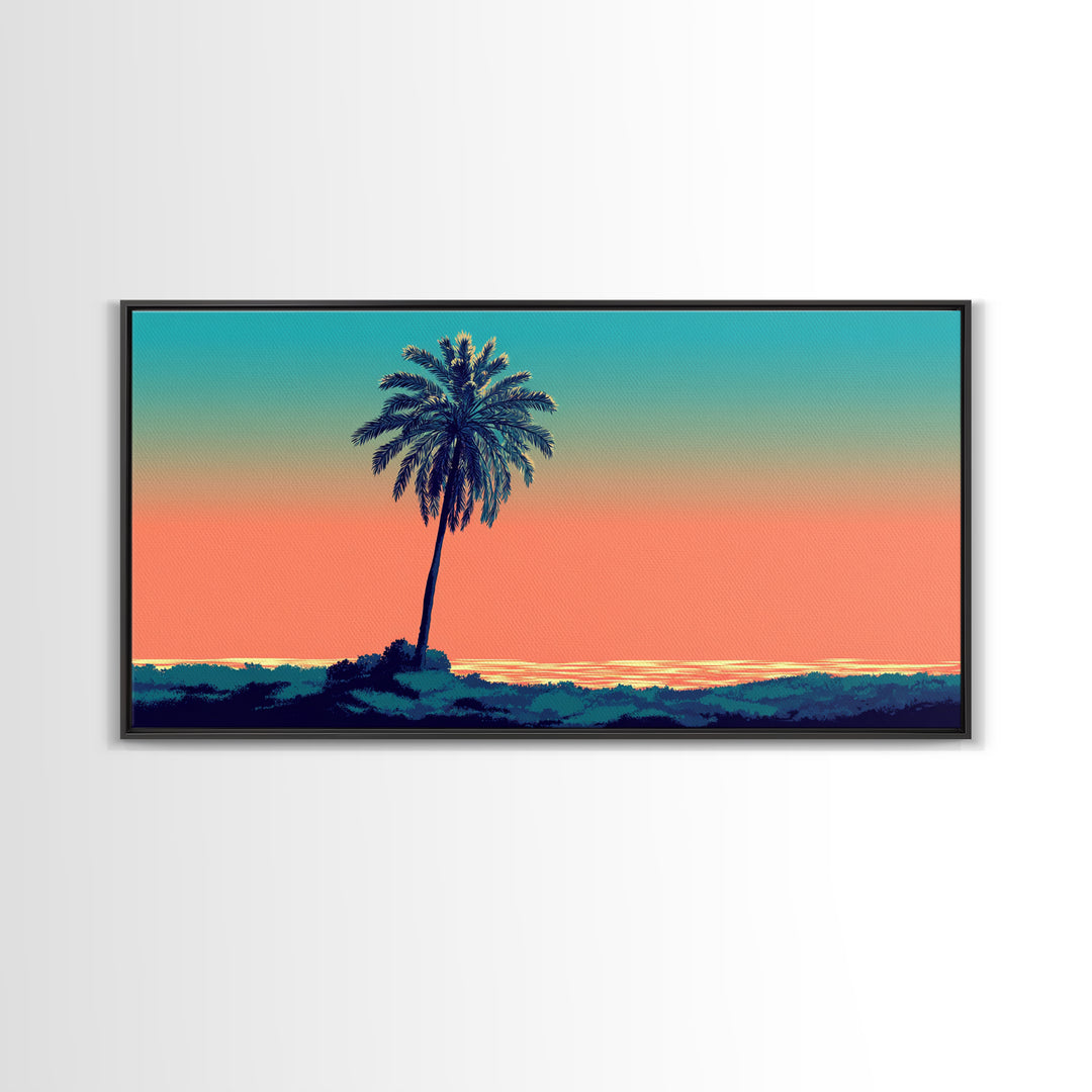 Solitary Palm Ocean Sunset Framed Canvas Print, Retro Tropical Wall Art, Midcentury Modern Decor, Coastal Home Poster Print