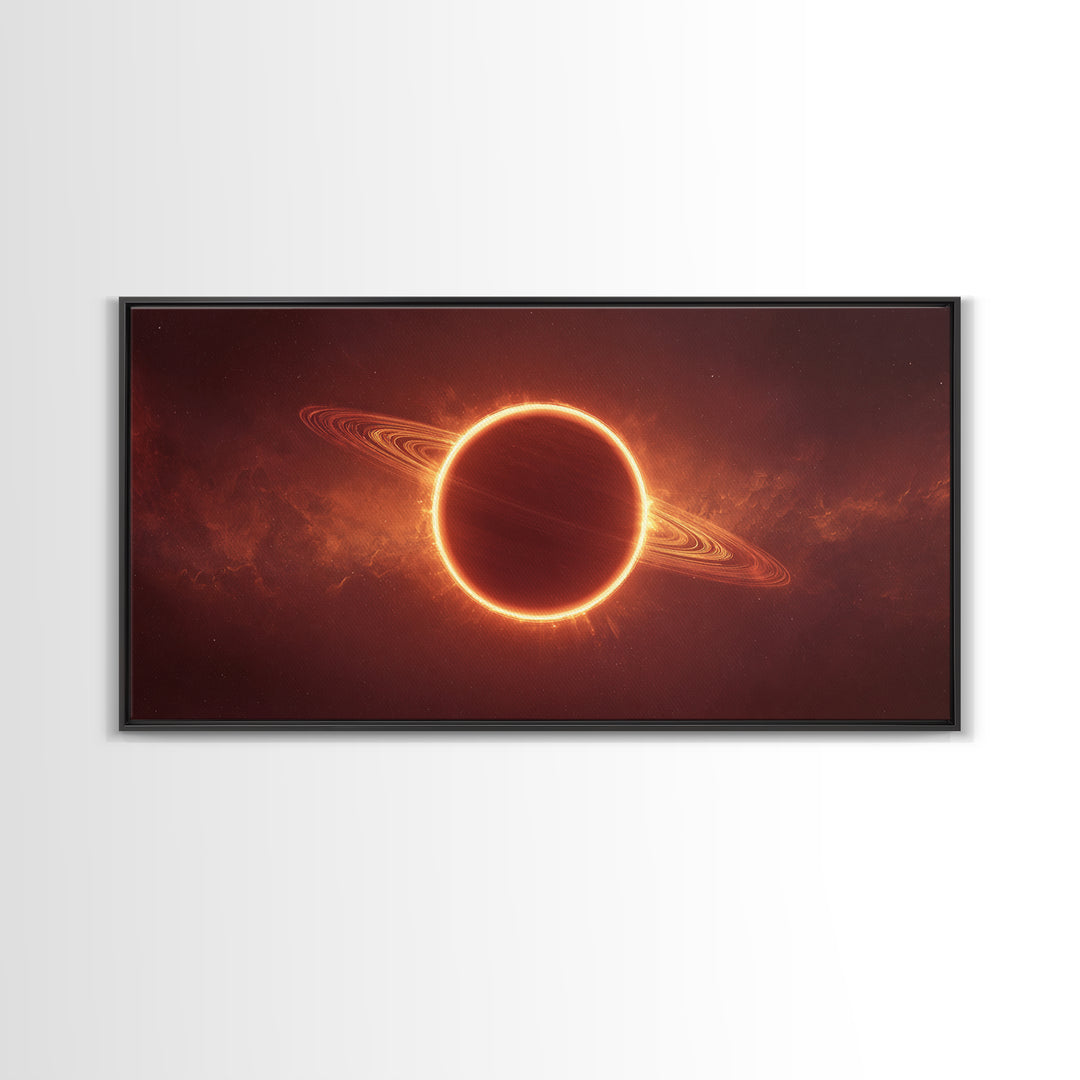 Ringed Planet Eclipse Framed Canvas Print, Cosmic Nebula Wall Art, Retro Sci Fi Poster, Orange Space Decor, Modern Art Print