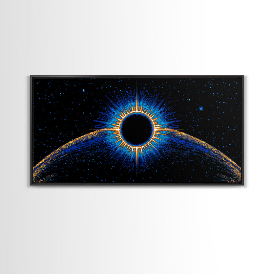 Blue Solar Eclipse Wall Art, Cosmic Retro Sci Fi Print, Black Hole Starfield Poster, Modern Digital Art, Space Decor Print