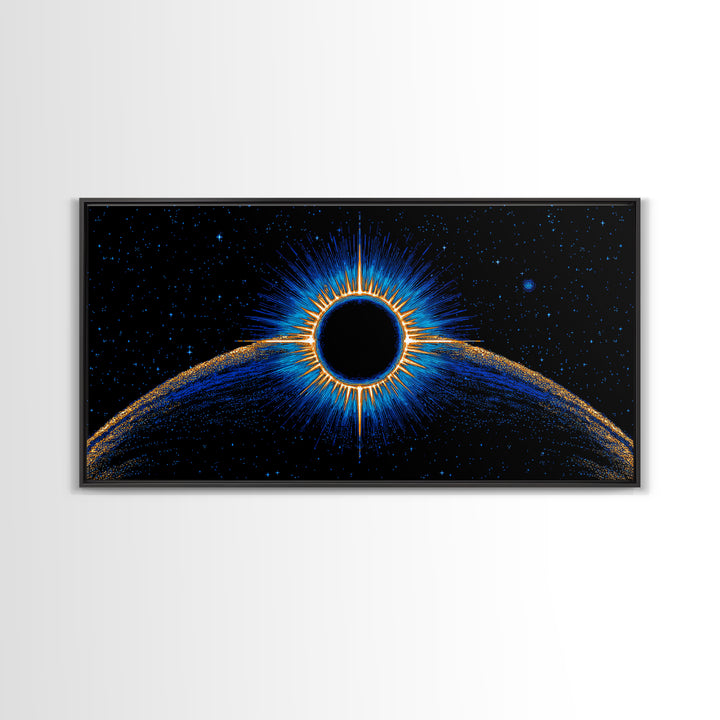 Blue Solar Eclipse Wall Art, Cosmic Retro Sci Fi Print, Black Hole Starfield Poster, Modern Digital Art, Space Decor Print