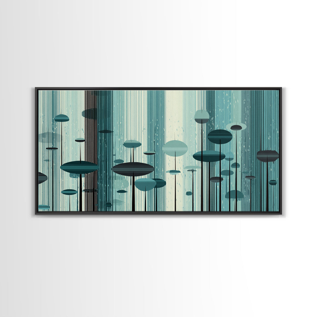 Teal Futuristic Mushroom City Wall Art, Retro Sci Fi Landscape Print, Modern Abstract Poster, Midcentury Space Decor Gift