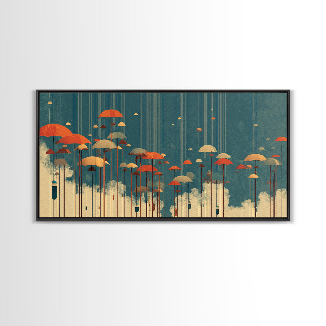 Orange Umbrellas Over Cream Clouds Wall Art, Midcentury Modern Abstract Print, Teal Retro Decor, Modern Home Decor For Living Room