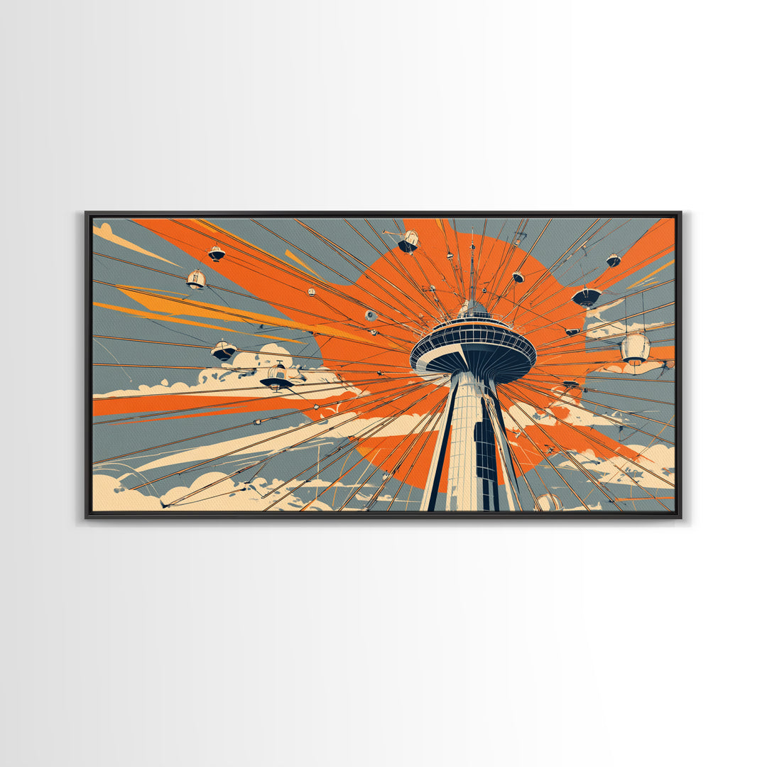 Retro Space Needle With Flying Saucers Canvas Print, Midcentury Modern Wall Art, Orange Sun Poster, Sci Fi Seattle Decor