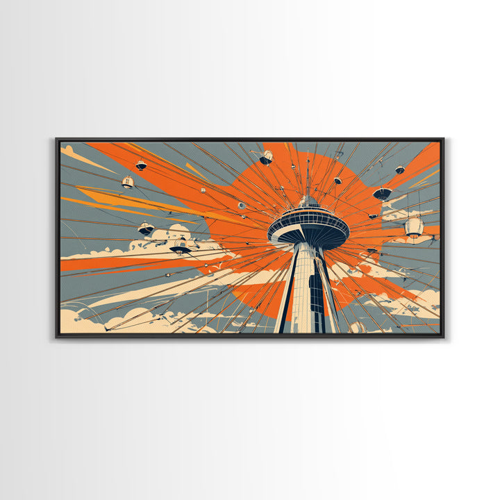 Retro Space Needle With Flying Saucers Canvas Print, Midcentury Modern Wall Art, Orange Sun Poster, Sci Fi Seattle Decor