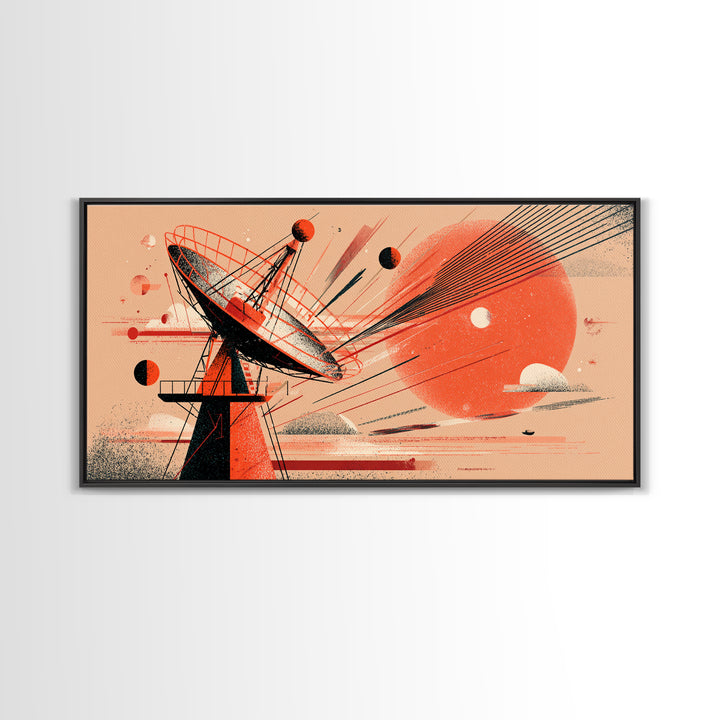 Red Satellite Dish And Orange Sun Wall Art, Midcentury Modern Space Abstract Print, Retro Sci Fi Poster, Modern Wall Decor