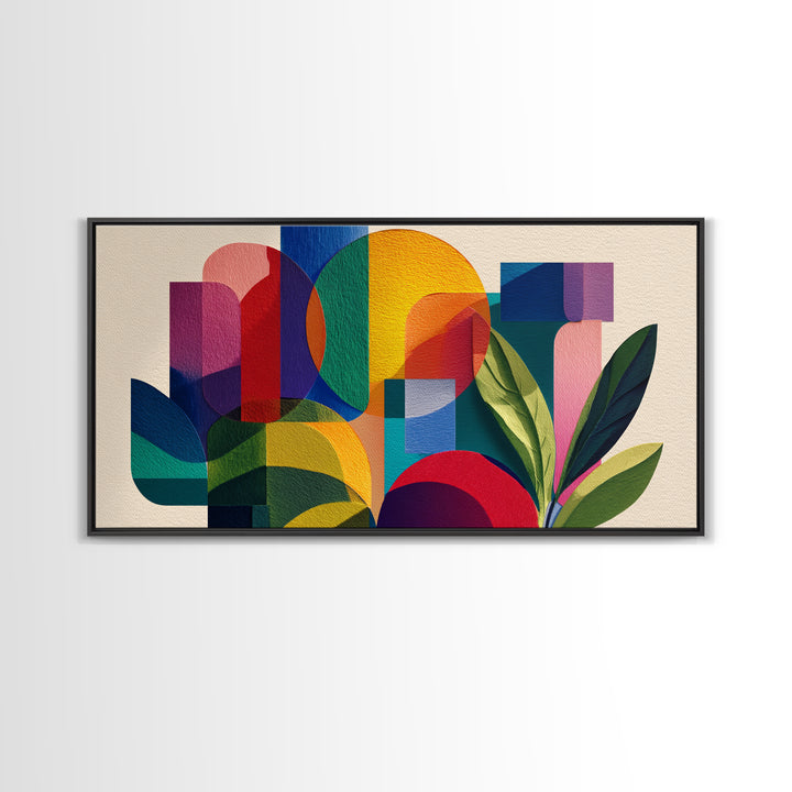 Colorful Geometric Leaves Wall Art, Bold Botanical Mid Century Modern Decor, Abstract Bauhaus Shapes, Vibrant Canvas Print