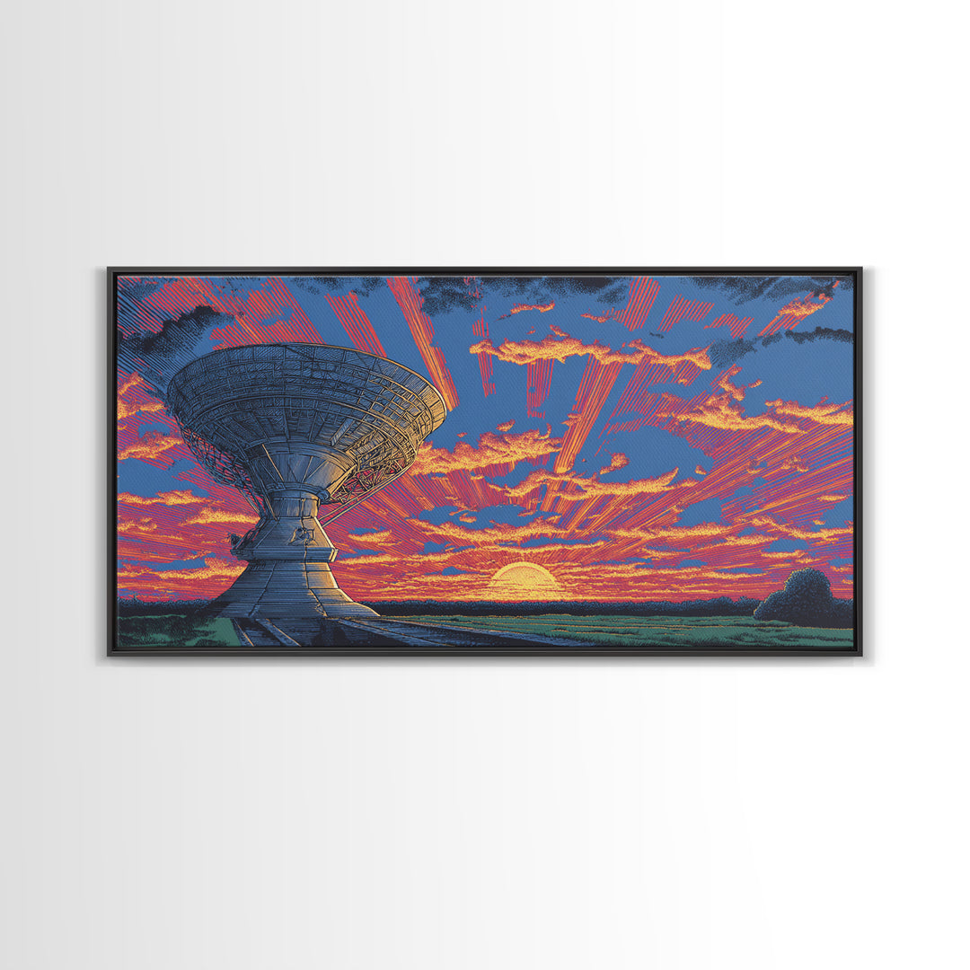 Radio Telescope At Neon Sunset Wall Art, Midcentury Modern Space Abstract Print, Retro Sci Fi Poster, Vibrant Office Decor