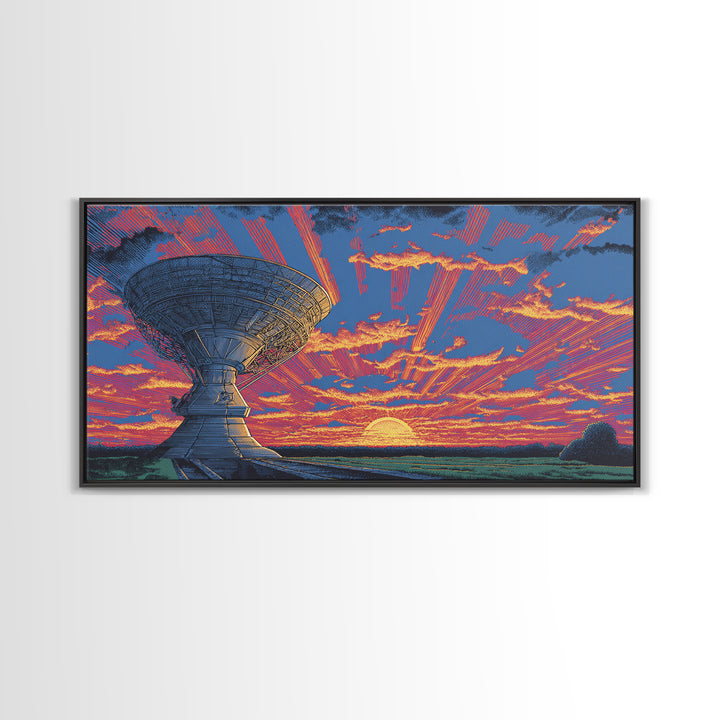 Radio Telescope At Neon Sunset Wall Art, Midcentury Modern Space Abstract Print, Retro Sci Fi Poster, Vibrant Office Decor