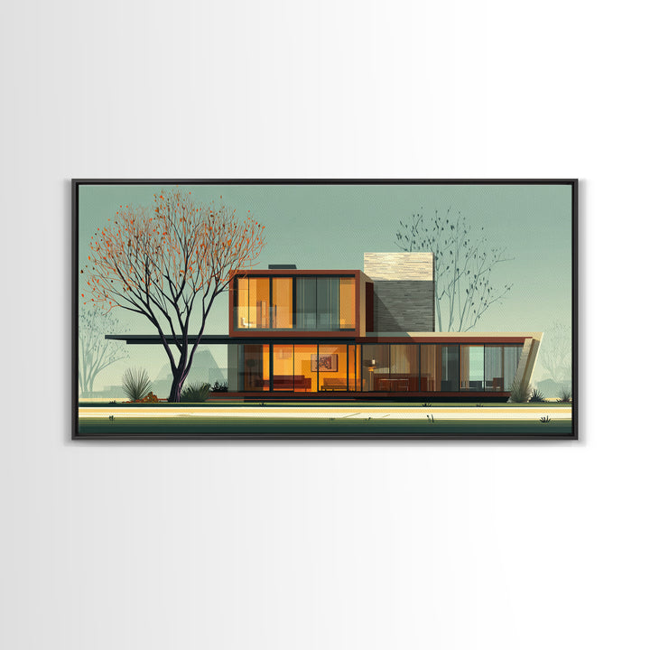 Glass Midcentury House With Autumn Tree Framed Canvas Print, MCM Wall Art, Modern Architecture Poster, Living Room Decor